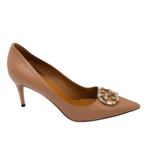 GUCCI BEIGE EMBELLISHED GG POINTED TOE LEATHER PUMPS - Picture 2 of 8